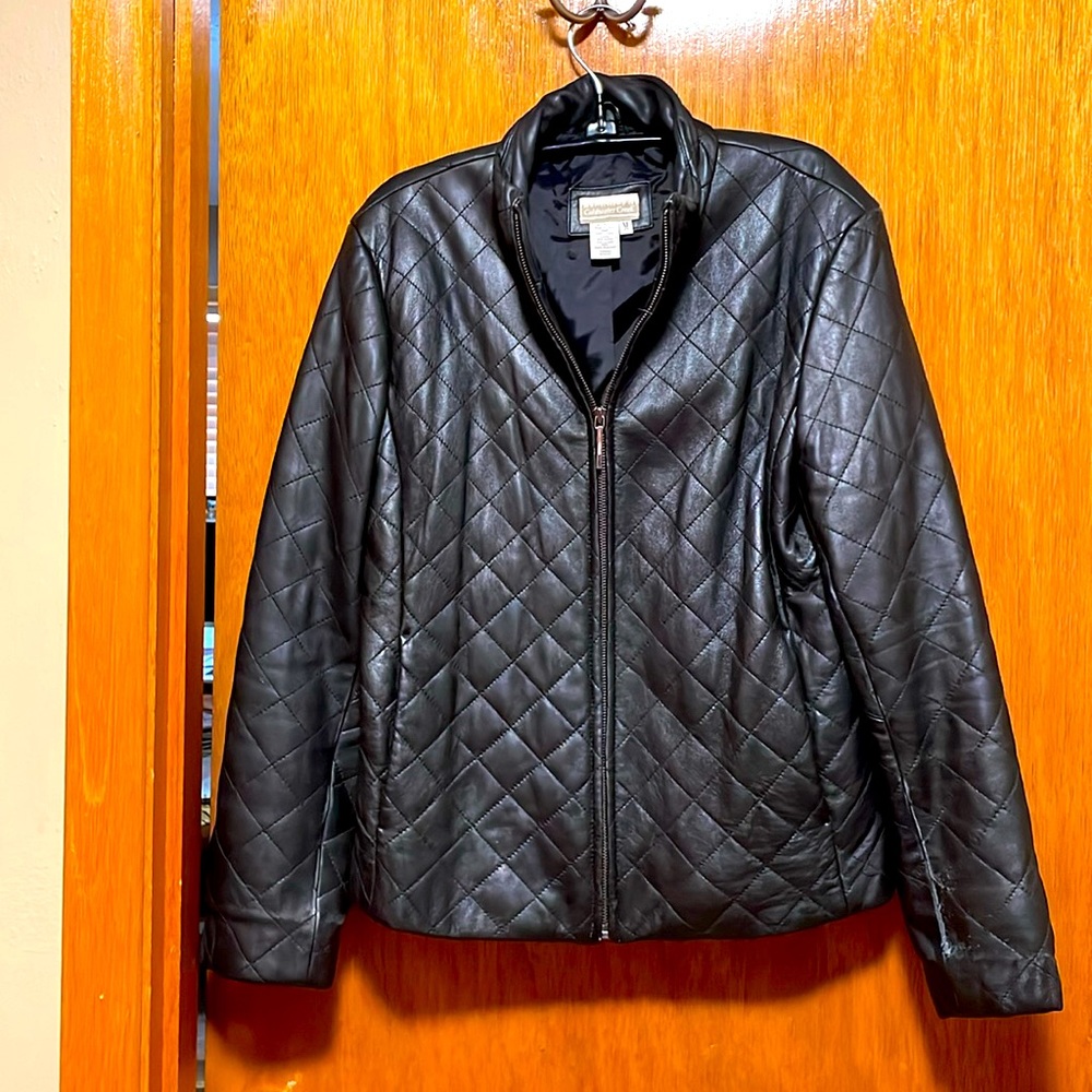 Coldwater Creek Black Quilted Leather Coat Size Medium